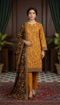 Golden Harvest Mustard 3-Piece Printed Lawn Suit with Floral Dupatta