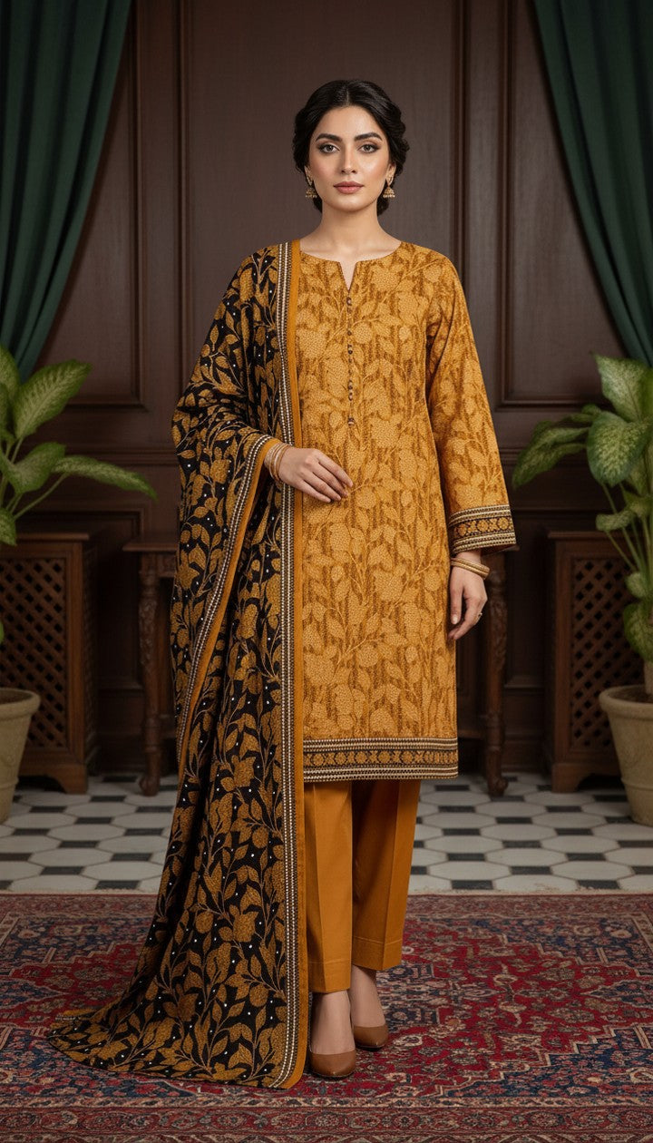 Golden Harvest Mustard 3-Piece Printed Lawn Suit with Floral Dupatta