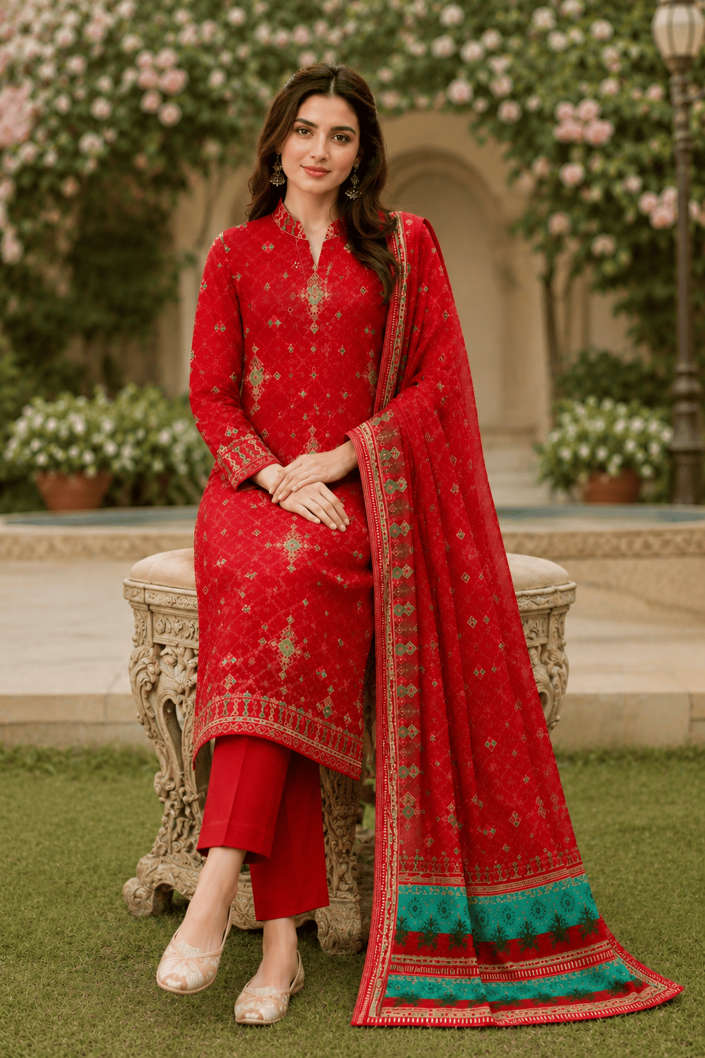 Crimson Red Geometric Traditional 3-Piece Suit