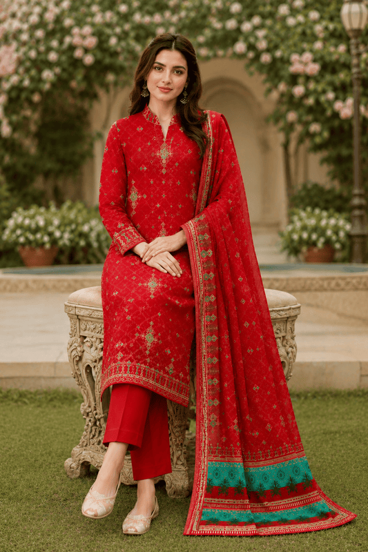 Crimson Red Geometric Traditional 3-Piece Suit