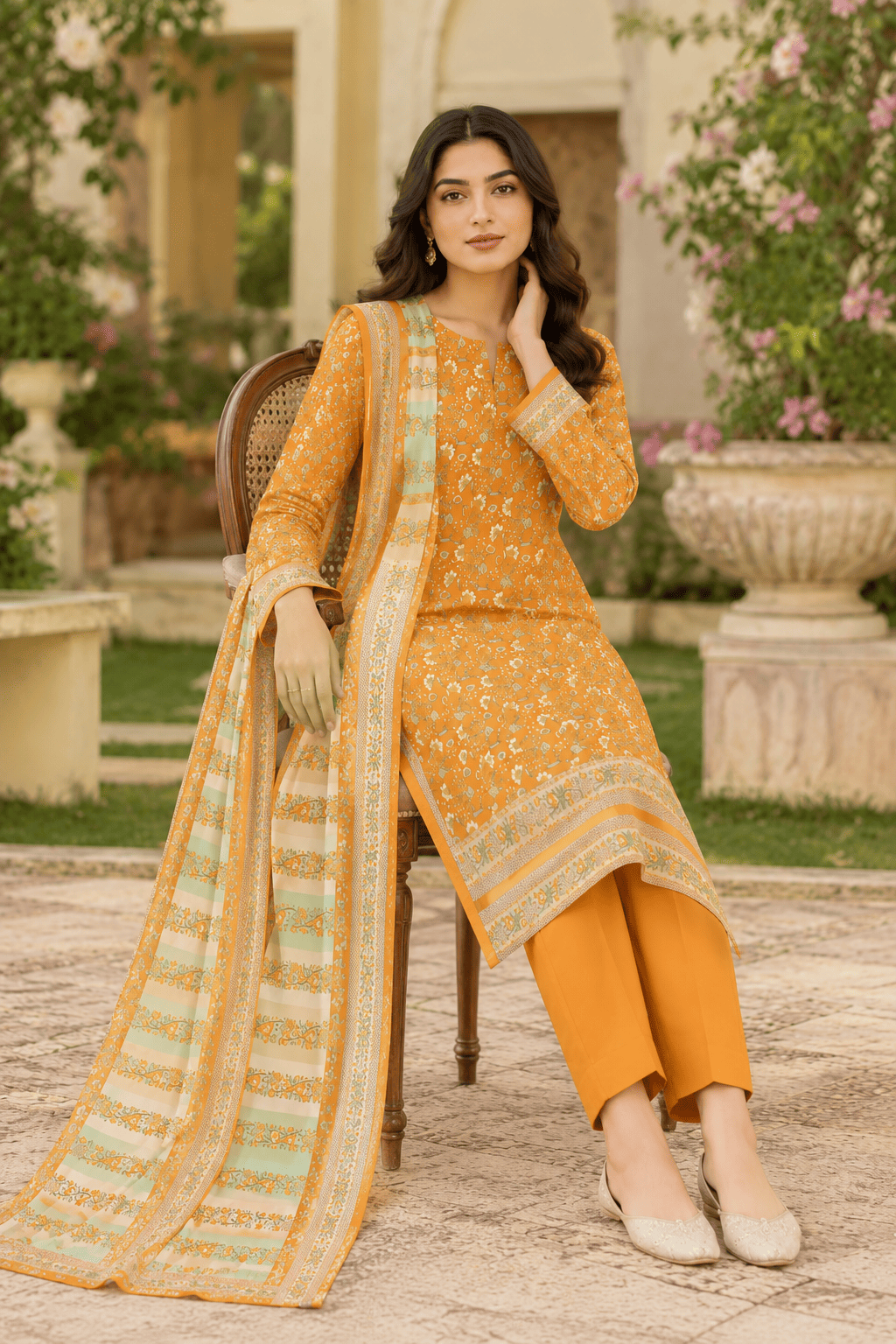 Mustard Ochre Floral Stripe 3-Piece Lawn Suit