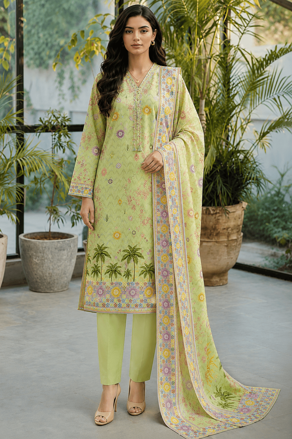 Pistachio Green Palm Garden 3-Piece Lawn Suit